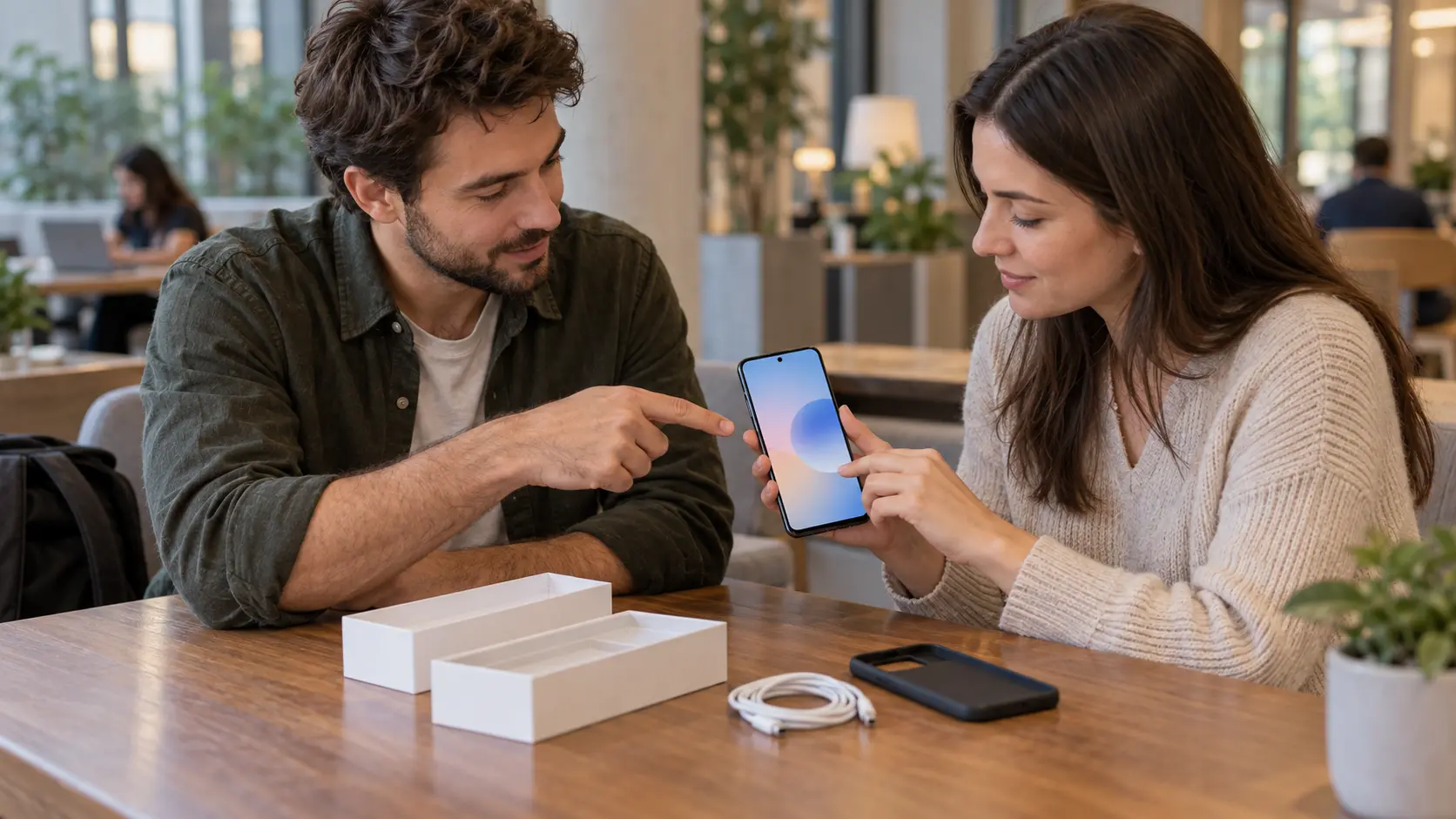 Cumpărător care verifică configurarea unui smartphone înainte de predarea către noul proprietar