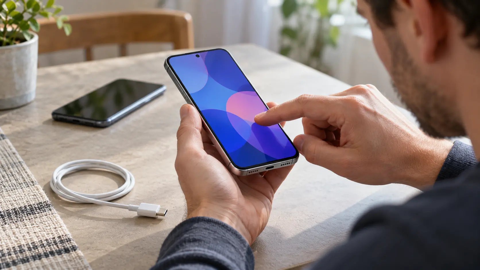 Cumpărător care compară două smartphone-uri folosite înainte de achiziție
